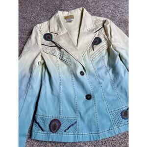 Seandara Ombre Jacket Blazer Beaded Peacock Feathers Blue Yellow Size Large